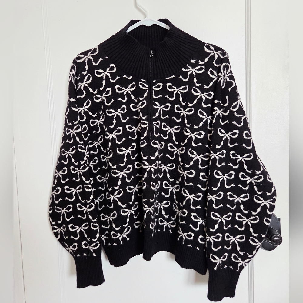 Maeve Anthropologie The Montana Mock-Neck Half-Zip Sweater‎ Black Bow Print Sz M - Picture 4 of 11